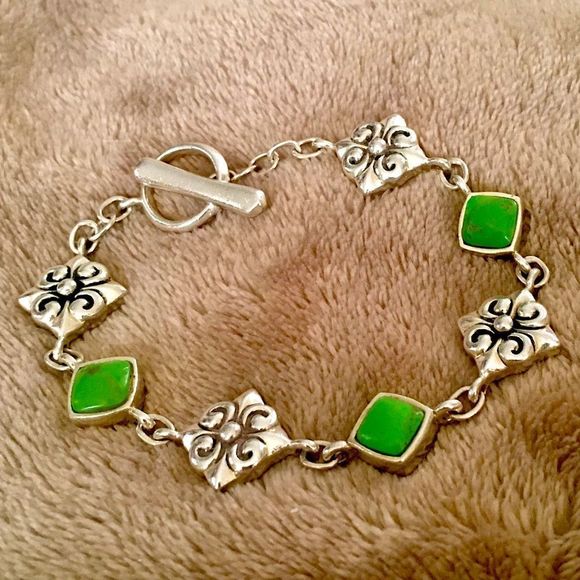 Vintage BARSE Green Turquoise Sterling Silver Link Bracelet - Picture 2 of 14